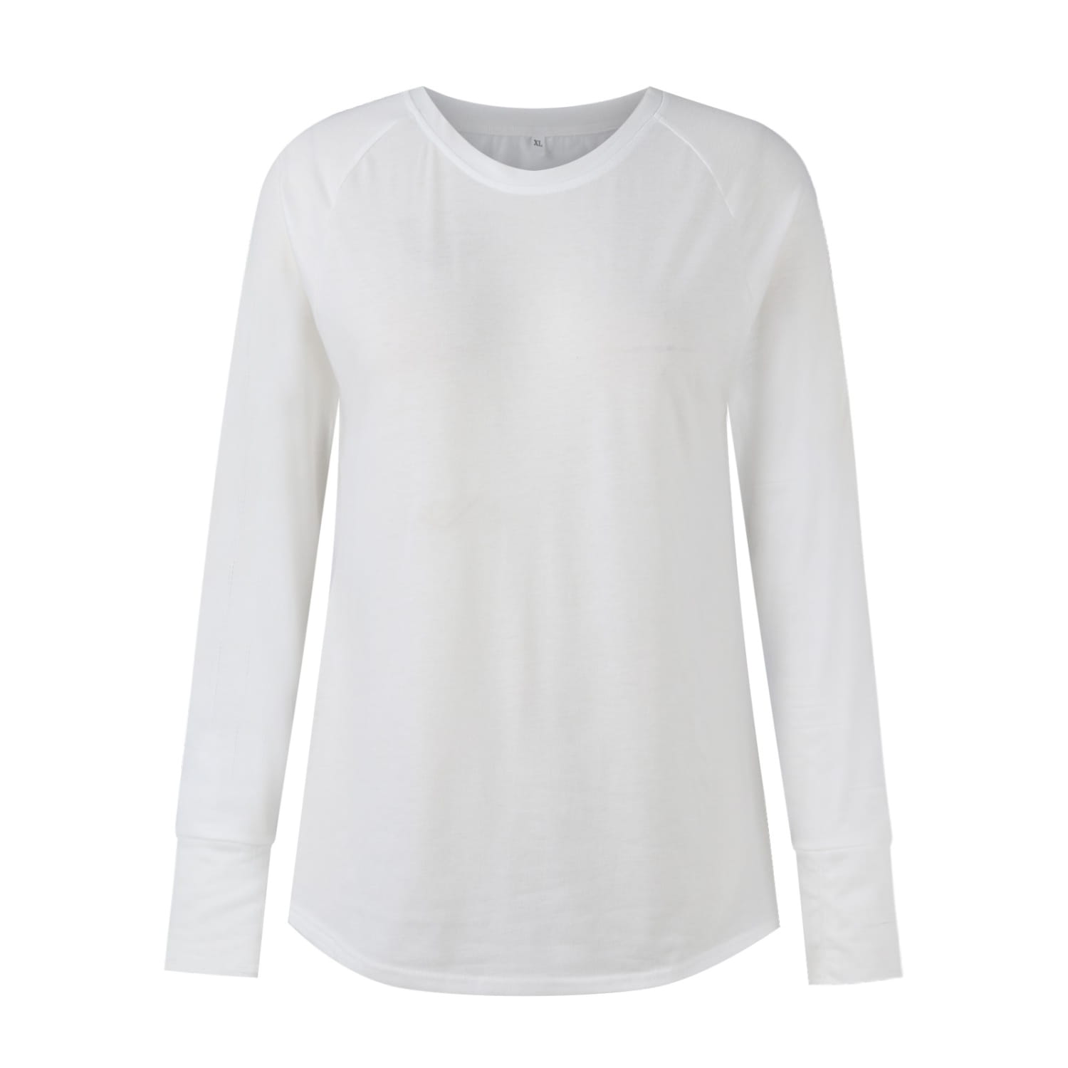 White long sleeve cotton tunic top for women featuring a round neck and subtle raglan sleeves with a solid pattern type.