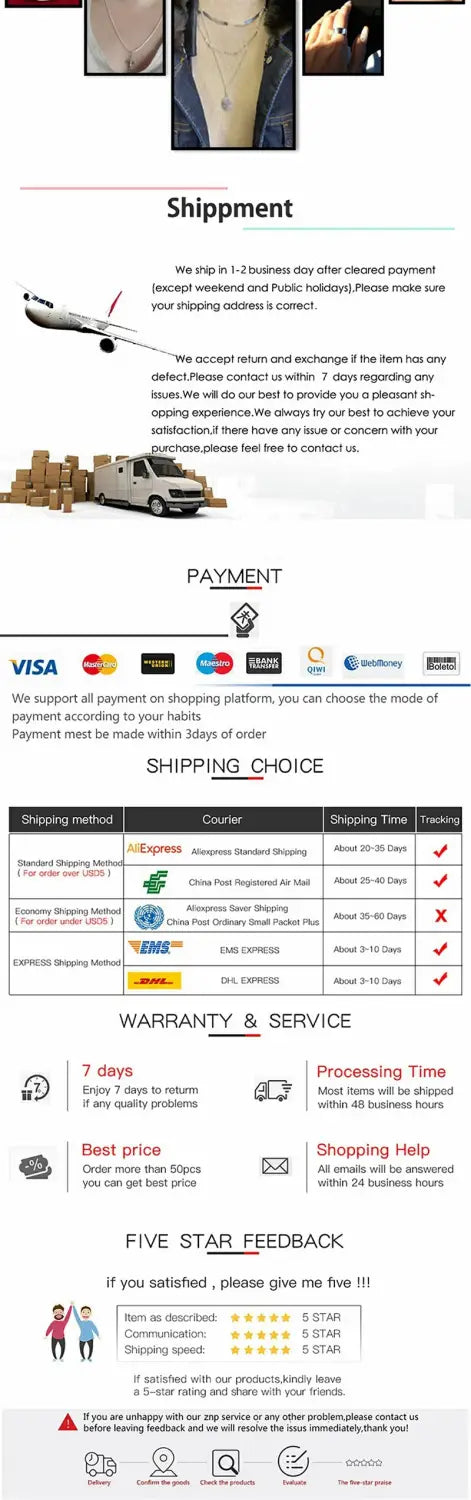 Das Bild zeigt eine detaillierte Versand- und Zahlungsinformationen-Seite für einen Online-Shop, der einen verstellbaren Zirkonring aus 18k Gold für Damen anbietet, mit Logos von Visa, Mastercard und American Express.