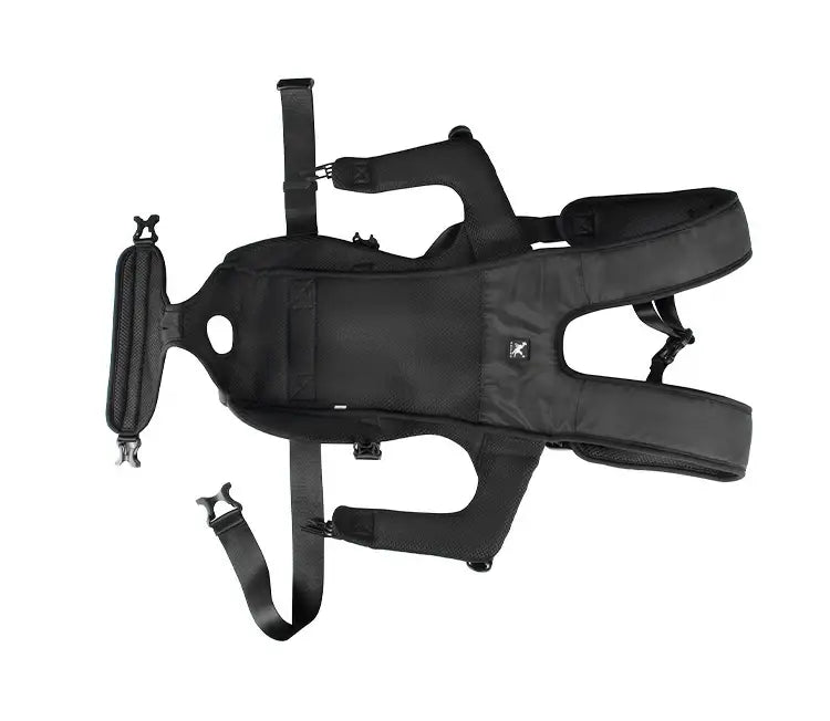 Sac à dos porte-animaux ergonomique noir avec sangles réglables et panneaux en maille respirante, conçu pour petits chiens et chats.
