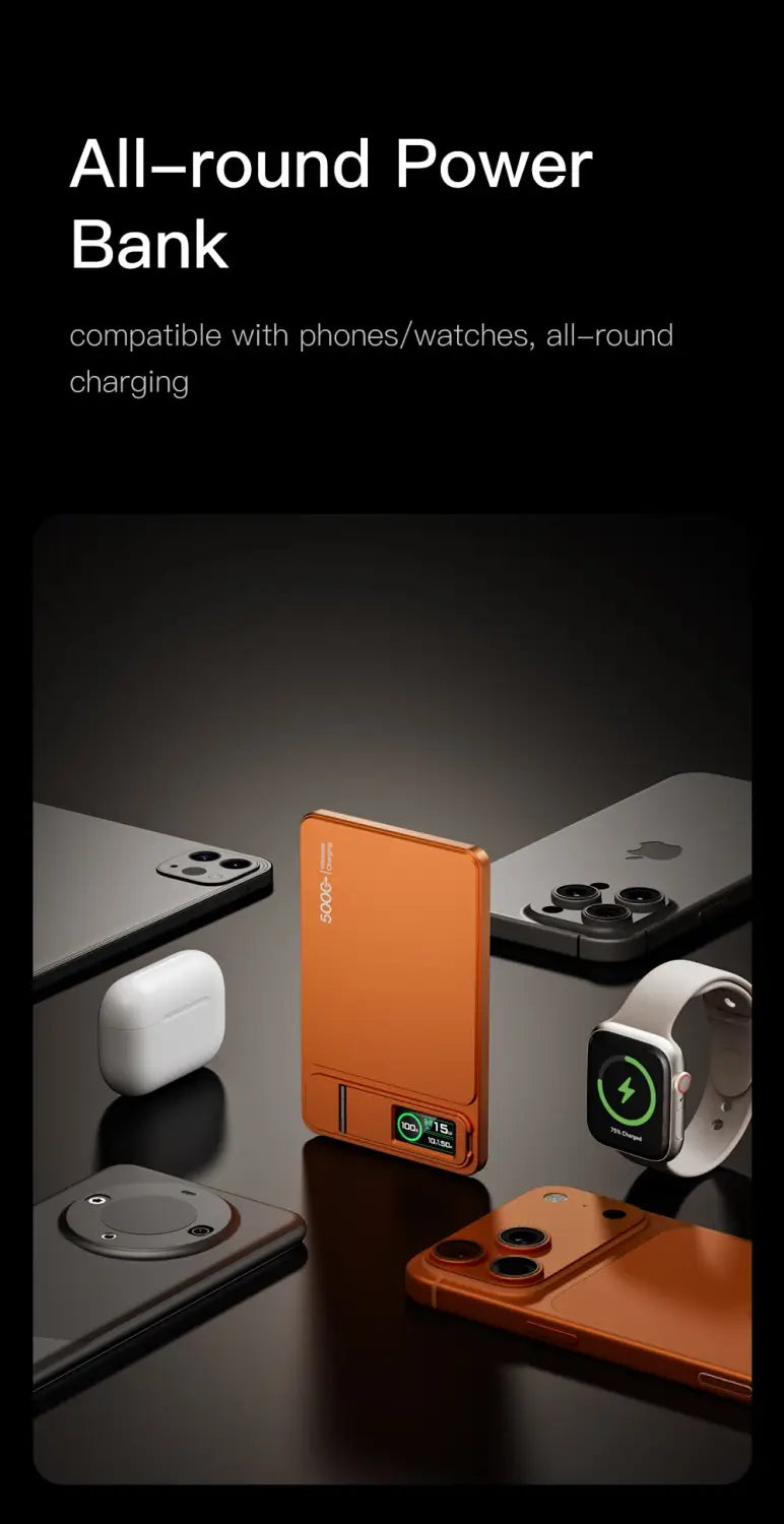 Orangefarbene rechteckige magnetische kabellose Powerbank für iPhone mit elegantem metallischem Finish und sichtbaren Ladeanzeigelichtern, unterstützt 5V=3A- und 9V-Ausgabe.