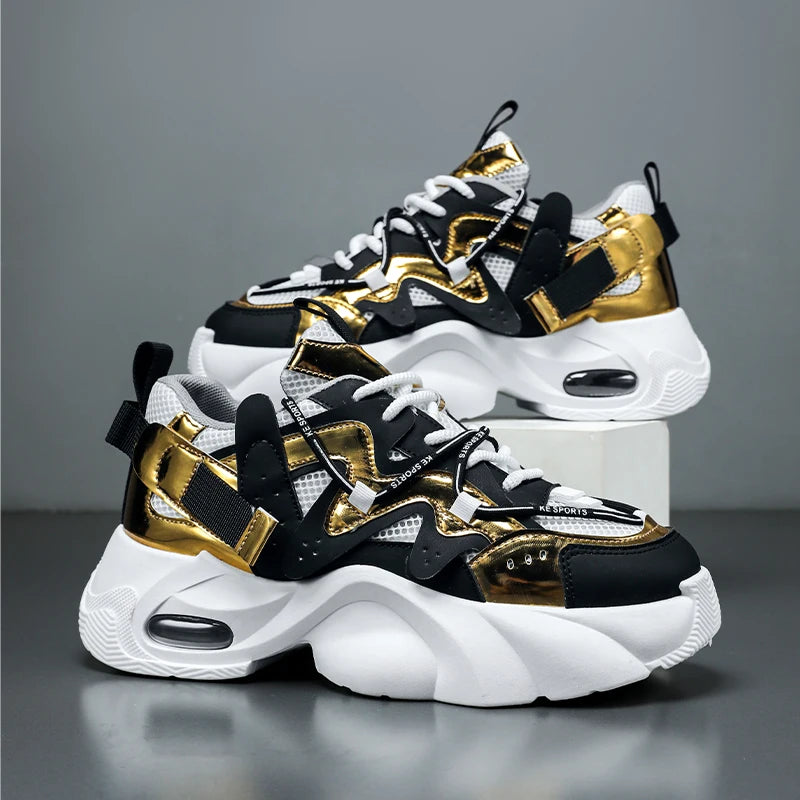 Men's Casual Sneakers with Large Mesh Breathable Upper, Metallic Texture and Contrasting Color Stitching, and Trendy Webbing Accents. Thick Air-Cushioned Soles Provide Both Height Increase and Shock Absorption, Making Them Su