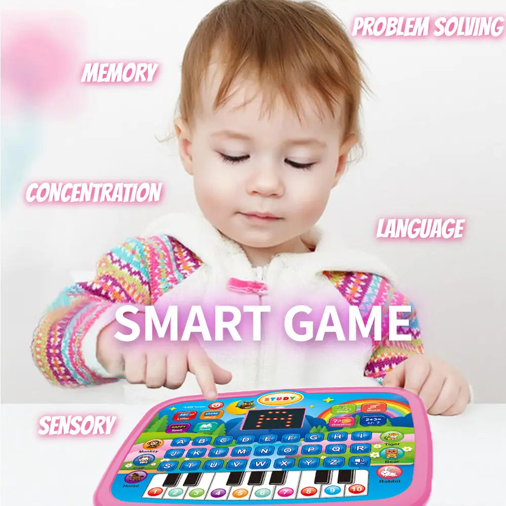 Rosa Kinder-Bildungstablet-Spielzeug mit musikalischer Tastatur, farbenfrohen Tasten und kleinem Bildschirm, der für Kinder entwickelt wurde, um Buchstaben, Zahlen und grundlegende Fähigkeiten zu erlernen