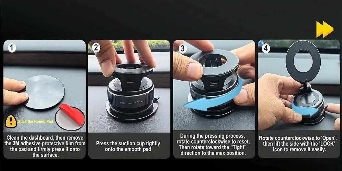 Support de téléphone pour voiture circulaire noir avec base à ventouse et tête rotative réglable, conçu pour les surfaces lisses, vu de face