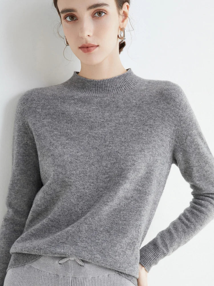 Women 100% Merino Wool Sweater For Autumn Winter  First Line Seamless Half-high Collar Pullover Basic Top OL Solid Soft Cashmere