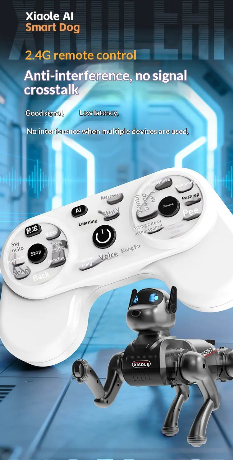 White plastic remote control with black buttons and labeled functions for controlling the Xiaomi Ai Smart Robot Dog interactive electronic pet.