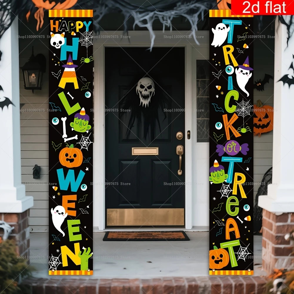 Happy Halloween Banner Pumpkin Ghost Trick or Treat Couplets Party Decorations Porch Sign Indoor Outdoor Wall Hanging Background