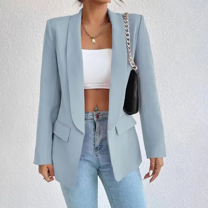 Blazer Women Clothing Casual Cardigan Autumn Winter Overcoat Solid Large Topcoat Lapel Jacket Grace Fashion Outer Wear