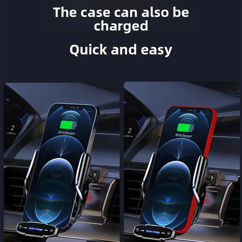 red and black wireless car charger with magnetic phone holder for auto clamping wireless car charger phone mount displayed on the back side