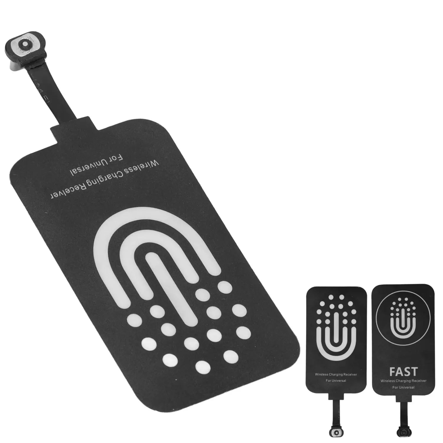 receptor de carga inalámbrica negro con interfaz tipo c para teléfonos móviles con un logotipo blanco estilo huella digital y un pequeño lente de cámara en el reverso
