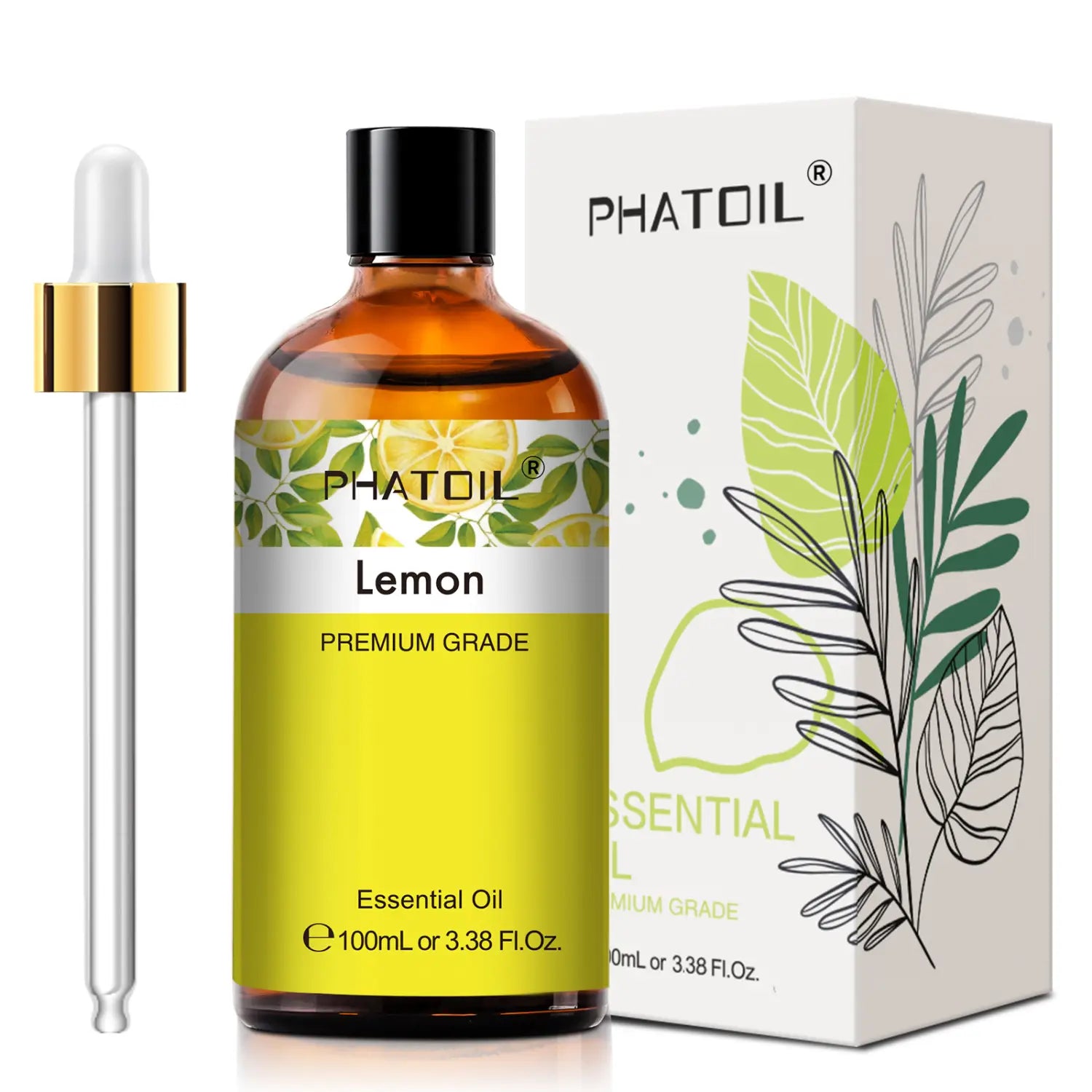 eine klare Bernstein-Glasflasche mit reinem ätherischem Zitronenöl, mit schwarzem Deckel und goldgerändeter Pipette zur Aromatherapie-Duftanwendung, 100 ml ätherische Öle.