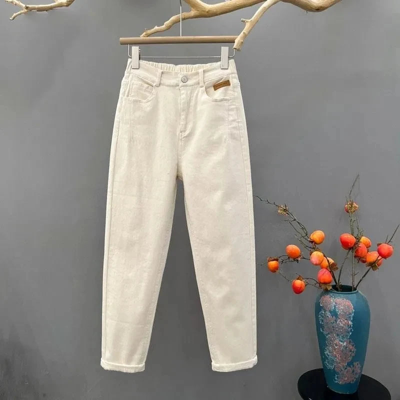 White Denim Casual Pants For women Spring Summer 2025 New High waisted Loose Slimming Harlan Carrot Pants Female Casual Jeans