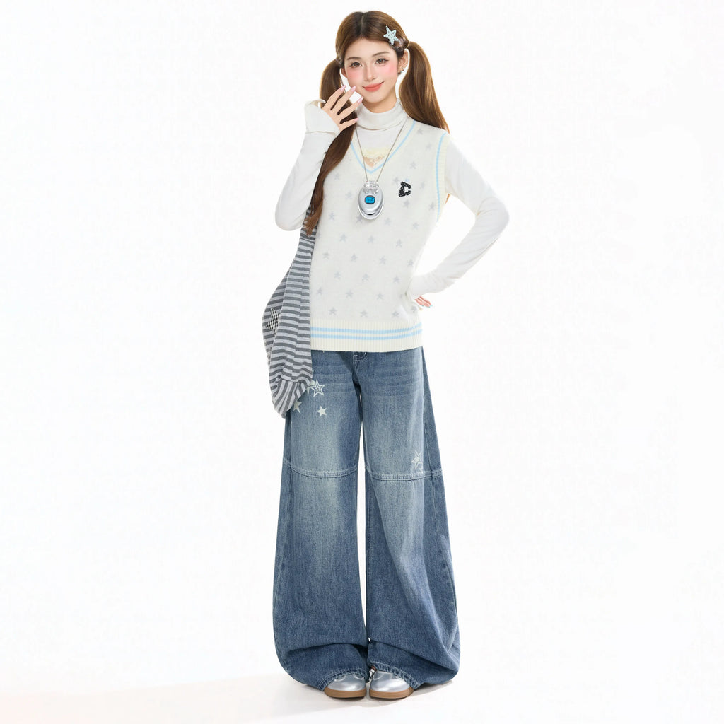 Women's Blue Casual Denim Jeans Baggy Y2K Harajuku High Street Fashion 2000S Style Cute Retro Wide Leg Jeans Long Pants Clothing