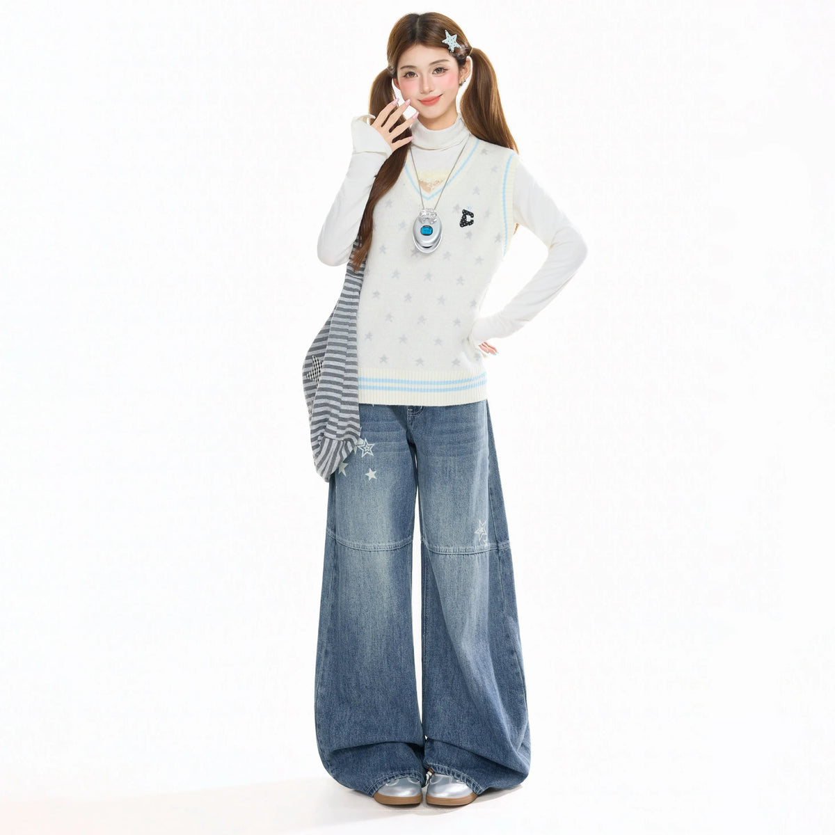 Women's Blue Casual Denim Jeans Baggy Y2K Harajuku High Street Fashion 2000S Style Cute Retro Wide Leg Jeans Long Pants Clothing