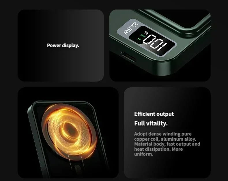 Chargeur d’alimentation magnétique vert foncé avec affichage numérique indiquant 100 pour cent d’autonomie et port USB-C, doté de fonctions de sécurité avancées pour une charge sans fil rapide.