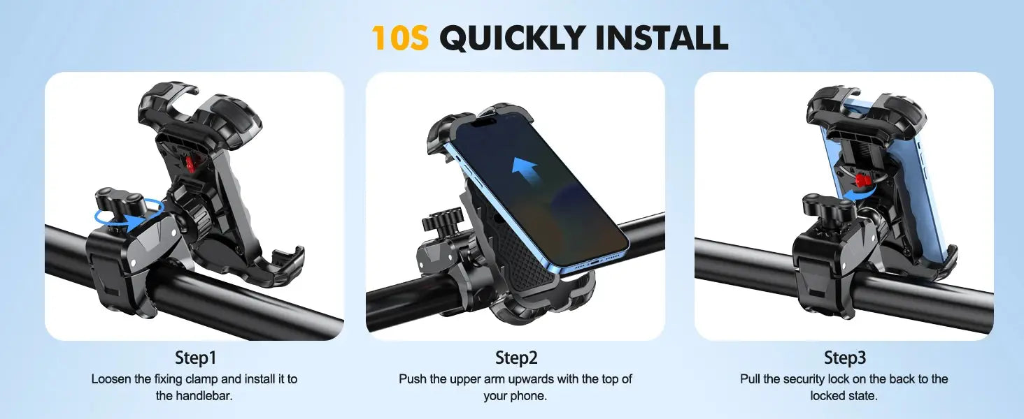 Support de téléphone pour vélo universel noir avec pince réglable et mécanisme de verrouillage sécurisé pour guidon, offrant une rotation à 360 degrés