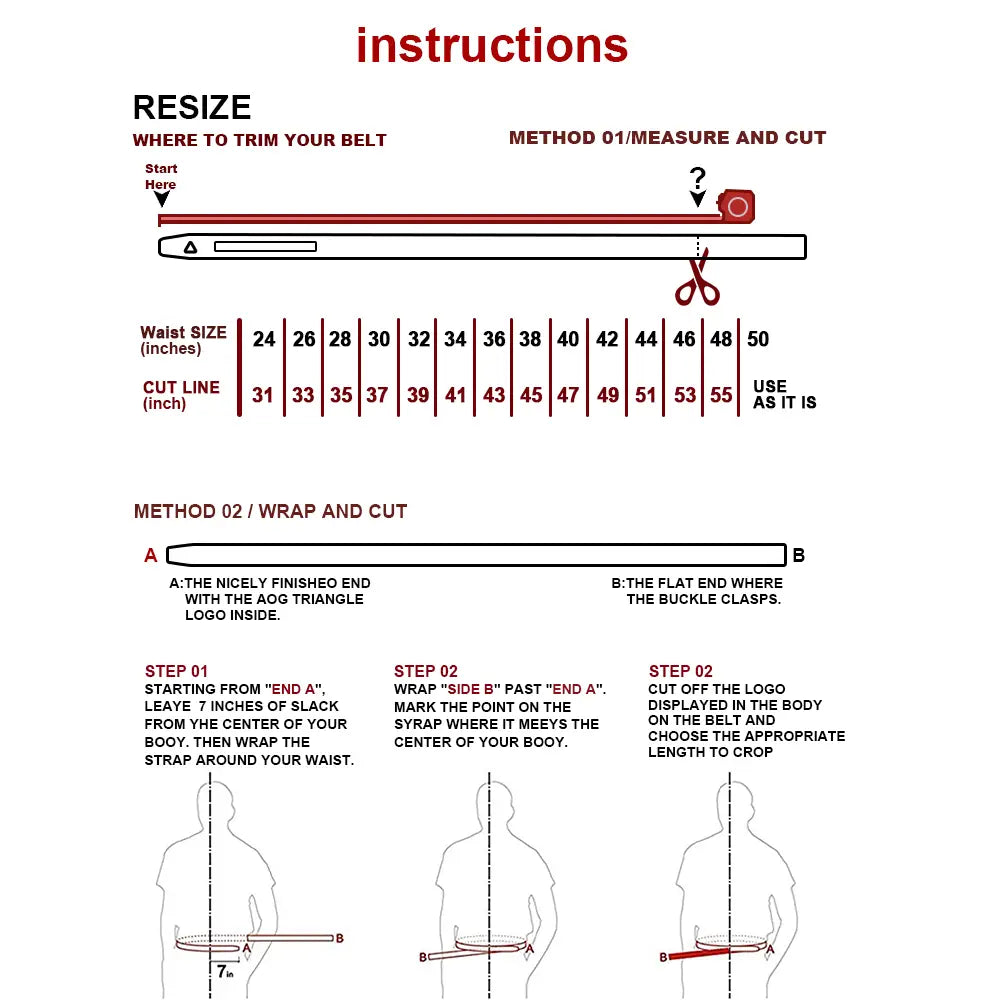 Diagramme d’instructions de redimensionnement du drapeau américain pour ceinture en cuir à boucle automatique rouge et noire, avec tableaux de mesures