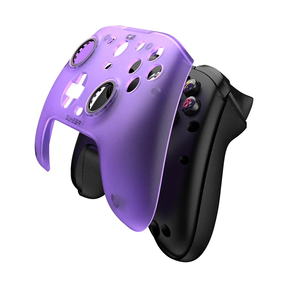 Purple translucent plastic controller cover for xbox series x|s with a sleek ergonomic shape and cutouts for buttons and joysticks from the Gamesir G7 magnetic faceplate and accessories kit.