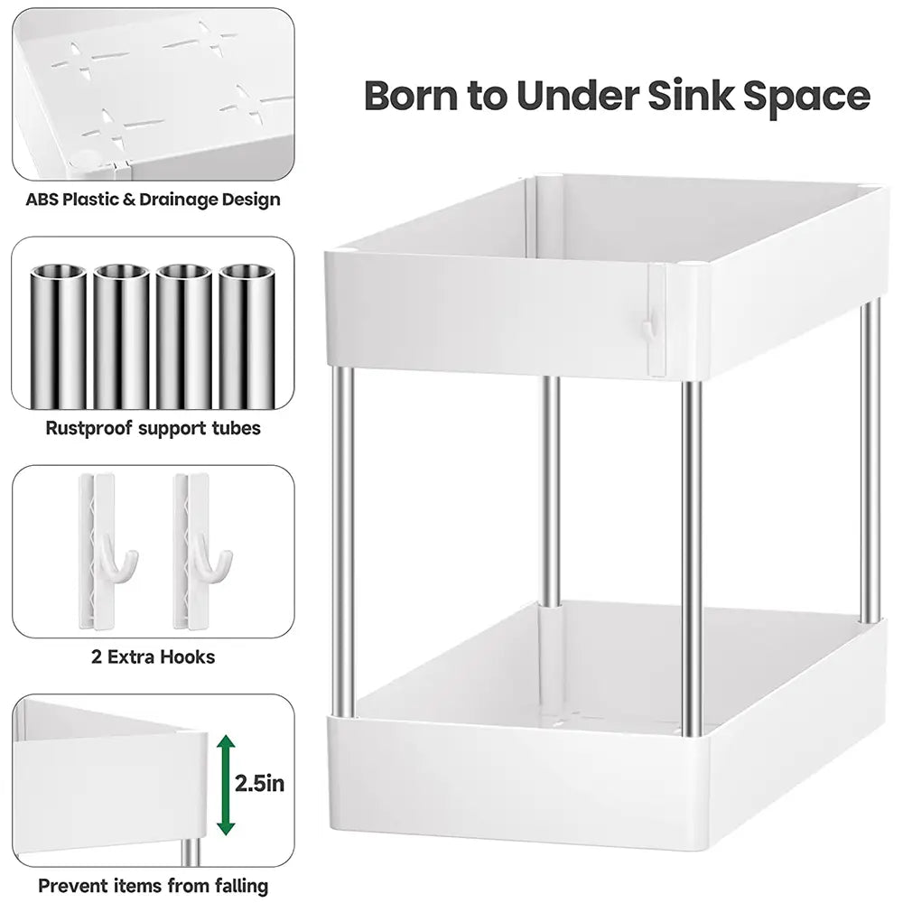 Organisateur d’évier sous évier à deux niveaux de couleur blanche, avec tubes de support en acier inoxydable et crochets, pour le rangement de placard de cuisine et de salle de bain
