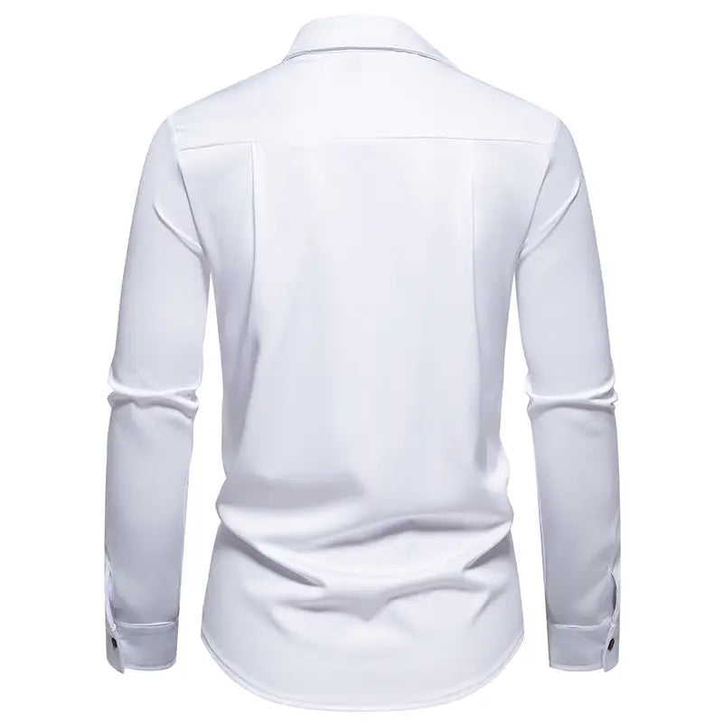 White men asymmetrical slant collar long sleeve casual shirt made of dress material with classic collar and buttoned cuffs.