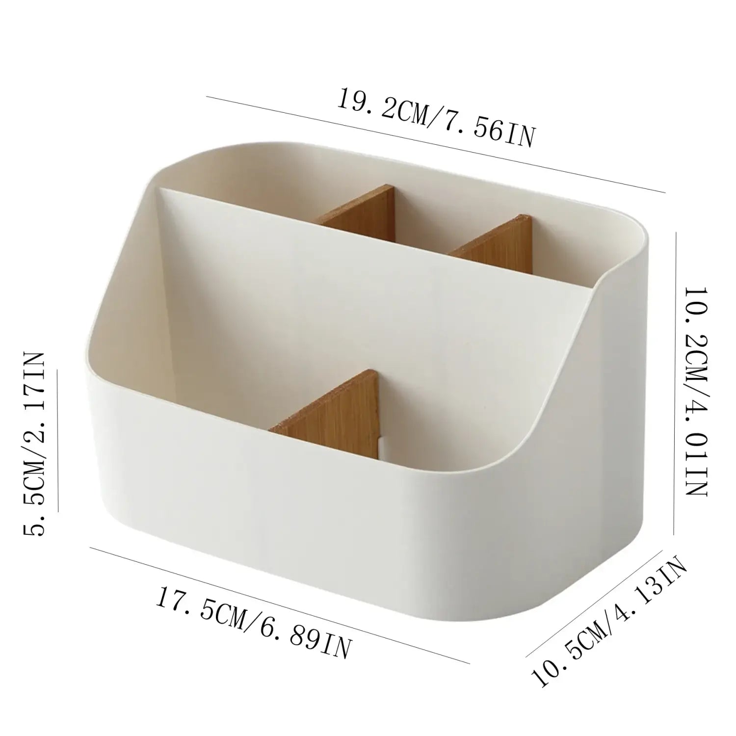 White plastic desk organizer and makeup brush holder with three compartments divided by light brown wooden dividers.