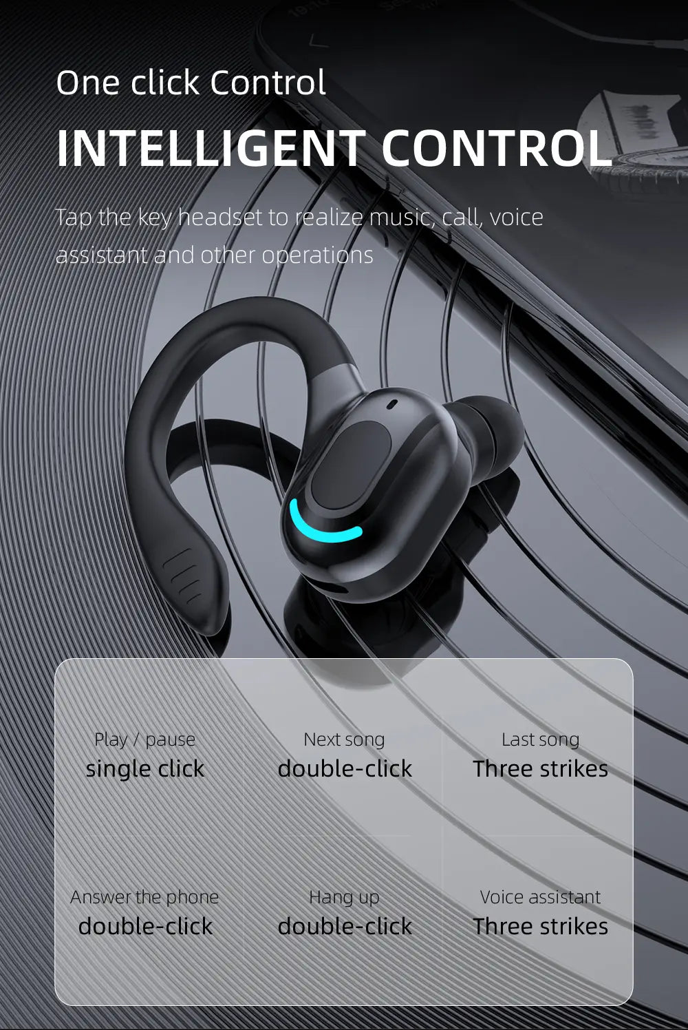 Black wireless ear hook sport earbud with glowing blue light and ergonomic design featuring Bluetooth 5.2 technology.