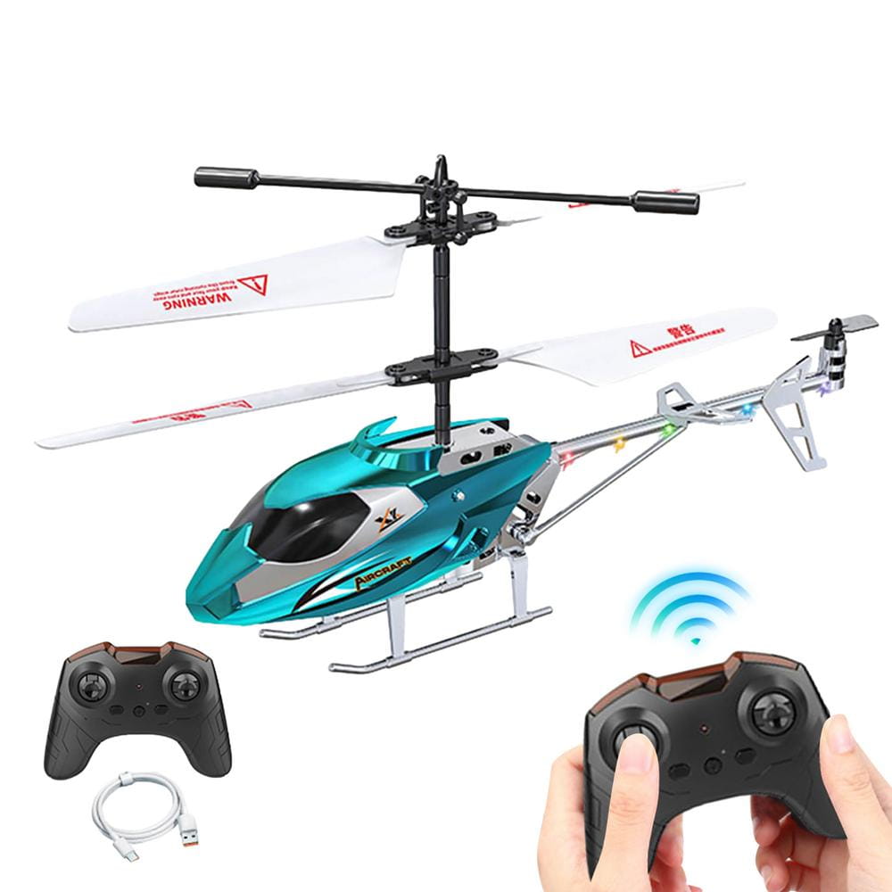 Teal and silver remote control helicopter with white blades designed as an easy flight toy for kids.
