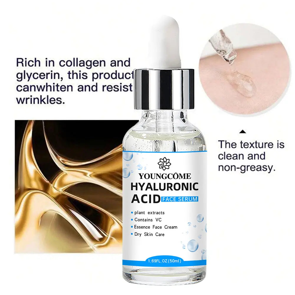 Frasco de vidrio transparente con tapón cuentagotas plateado y etiqueta blanca que incluye el nombre de la marca youngcome y esencia facial de ácido hialurónico para humectar e hidratar la esencia facial y el cuidado facial con ácido hialurónico.