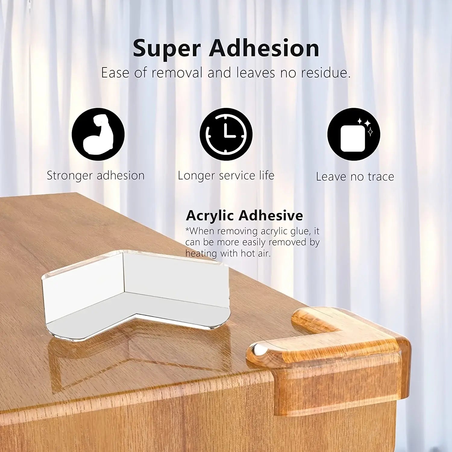 Protège-angle transparent et clair pour la sécurité des meubles, avec une finition transparente lisse, en acrylique clair, et des bords arrondis pour une protection sûre.