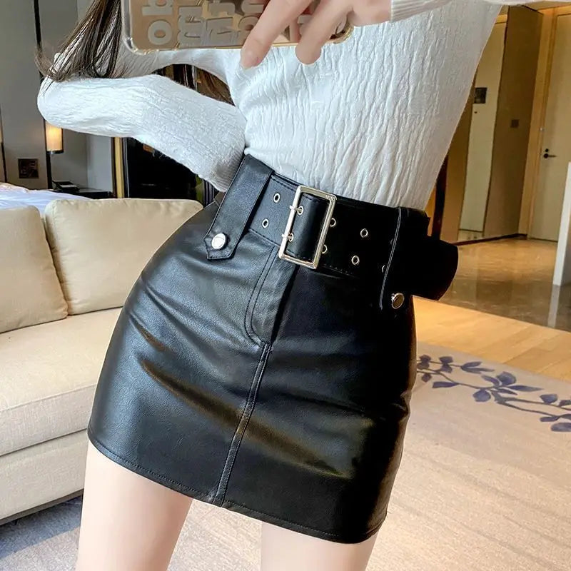 skirt women  2022  korean fashion clothing  Solid  Button  Above Knee, Mini  vintage leather  black skirt  Regulai Fit