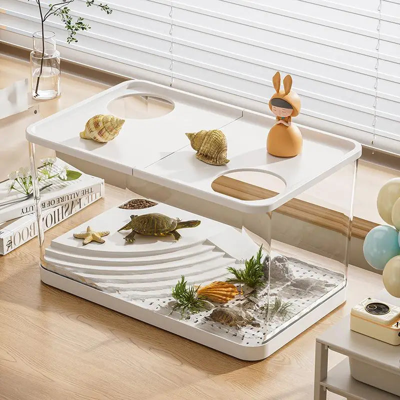 White two-tiered ecological desktop fish tank with clear acrylic sides and a white plastic top tray with circular cutouts designed for aquatic or semi-aquatic reptile keeping.