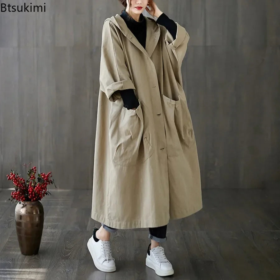New 2026 Ladies Hooded Trench Coats Solid Loose Single-breasted Long Jacket for Daily Wear Women Windbreaker Casual Outerwear
