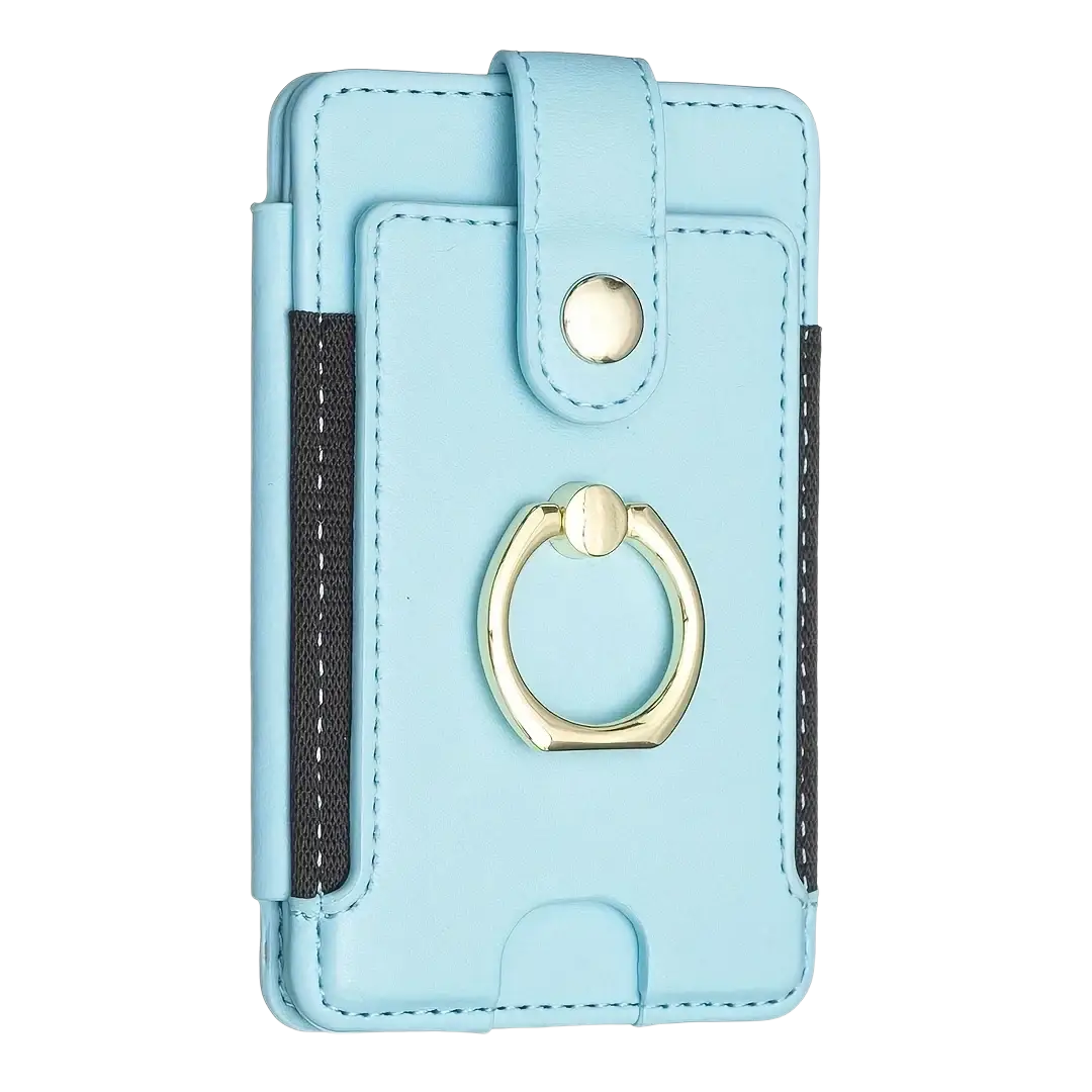 Light blue faux leather universal ring small card holder for smartphones with gold-tone ring and black fabric accents