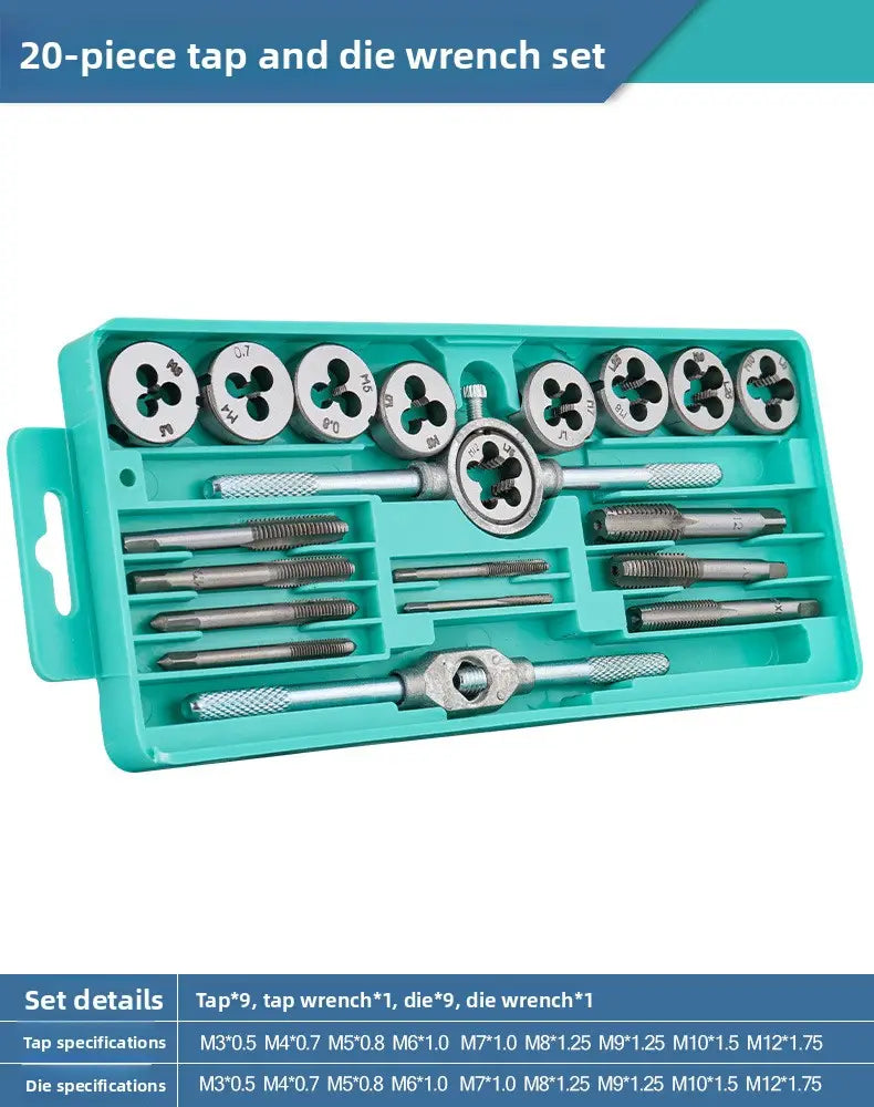 Teal plastic case holding a 20-piece silver metal tap and die set thread cutting tool kit.