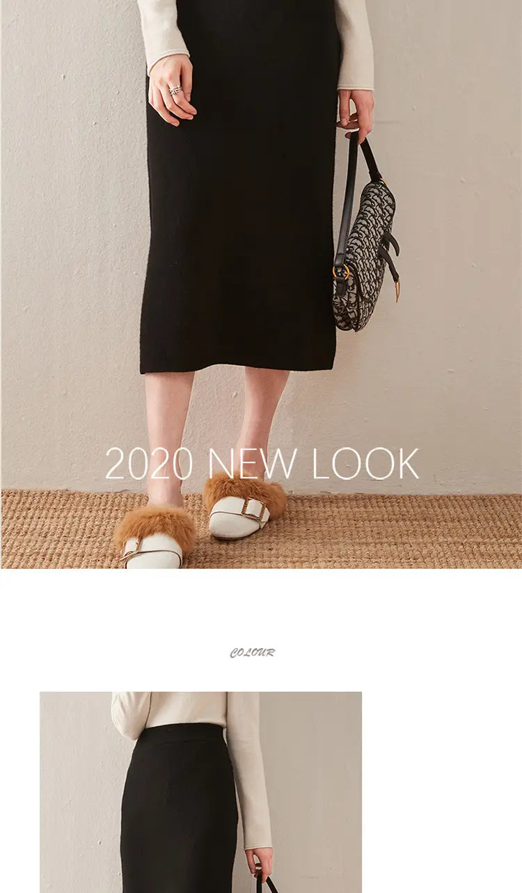 Black wool knit midi skirt with a high waisted pencil silhouette featuring a smooth, form-fitting shape and subtle ribbed texture.