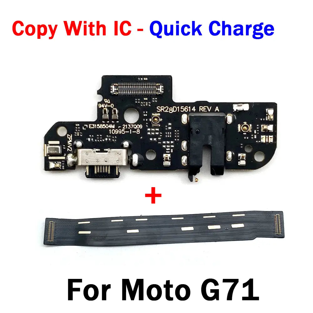 Black circuit board usb charging board with silver usb port and gold contacts designed as a quick charge replacement charging dock for the Motorola moto g series.