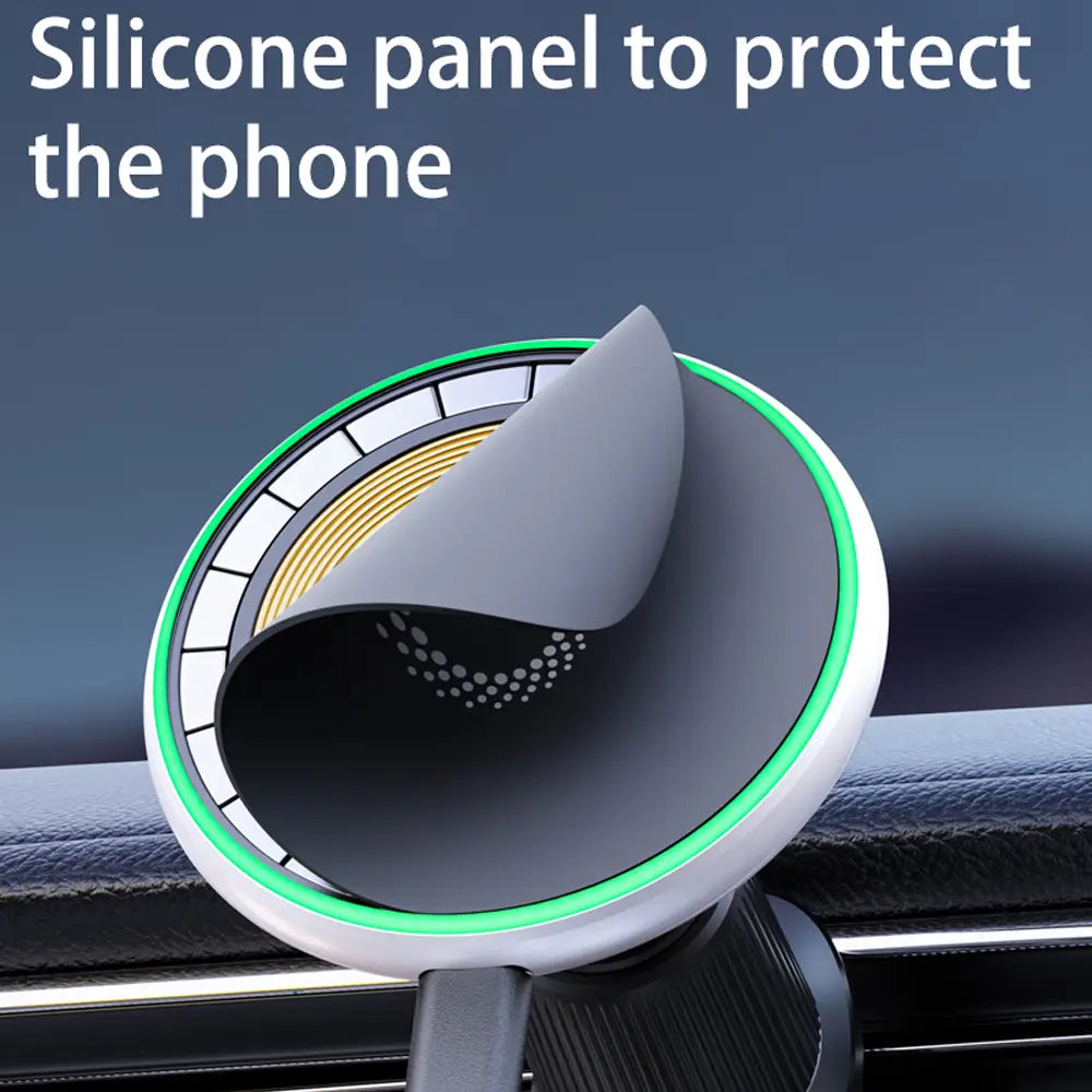 Montage de charge sans fil pour support de téléphone en silicone circulaire Ford F150, avec bord éclairé vert et panneau de protection flexible gris pour la charge magnétique