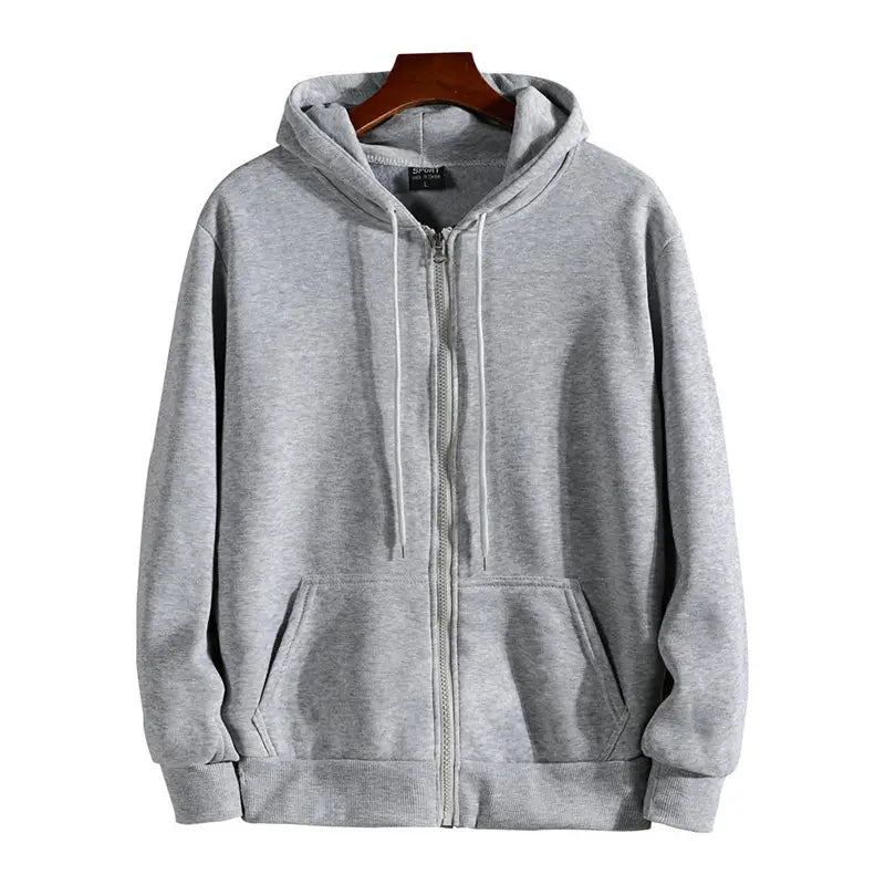Men zip up hooded sweatshirt in gray heathered cotton blend with white drawstrings and front pockets for casual wear.