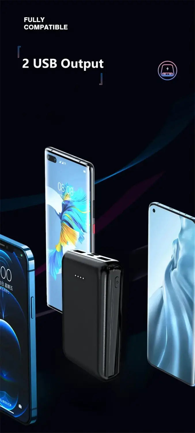 Black rectangular power bank with two usb output ports and a sleek minimalist design for charging devices including heated vests and air conditioning clothing with 20000mah capacity.