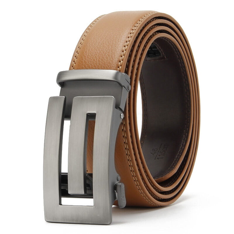 Ceinture automatique en cuir pour homme de couleur beige (camel), avec une boucle automatique élégante à finition argentée.