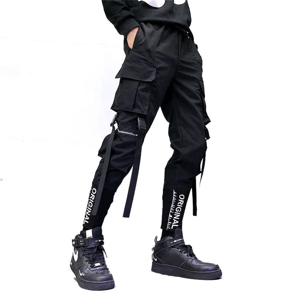Men's Cargo Pants Casual Hip Hop Hit Color Multiple Pockets Trousers Streetwear Ribbons Techwear Sweatpants Boys