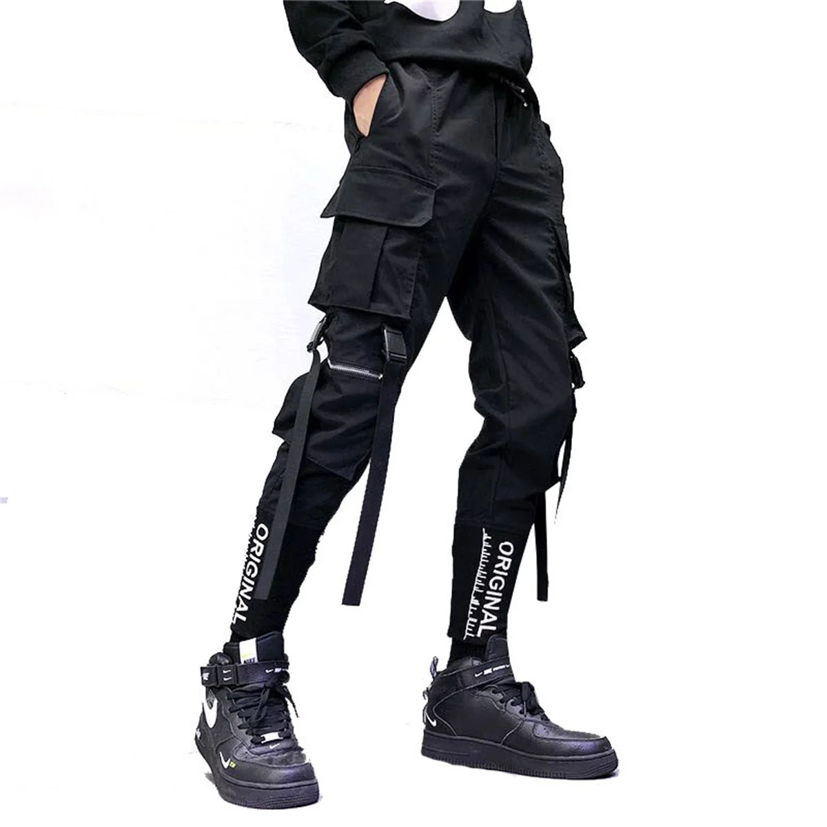 Men's Cargo Pants Casual Hip Hop Hit Color Multiple Pockets Trousers Streetwear Ribbons Techwear Sweatpants Boys
