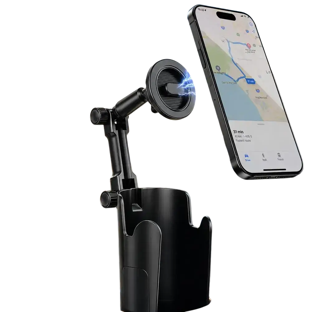 Support de téléphone pour porte-gobelet magnétique noir avec bras réglable et aimant puissant, vu depuis un angle frontal.
