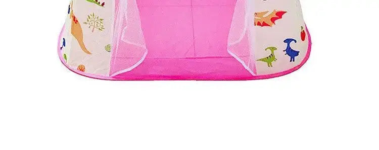 Tente de jeu pour enfants rose et blanche, avec panneaux de tissu à thème dinosaures, conçue comme un château pliable portable pour les enfants.
