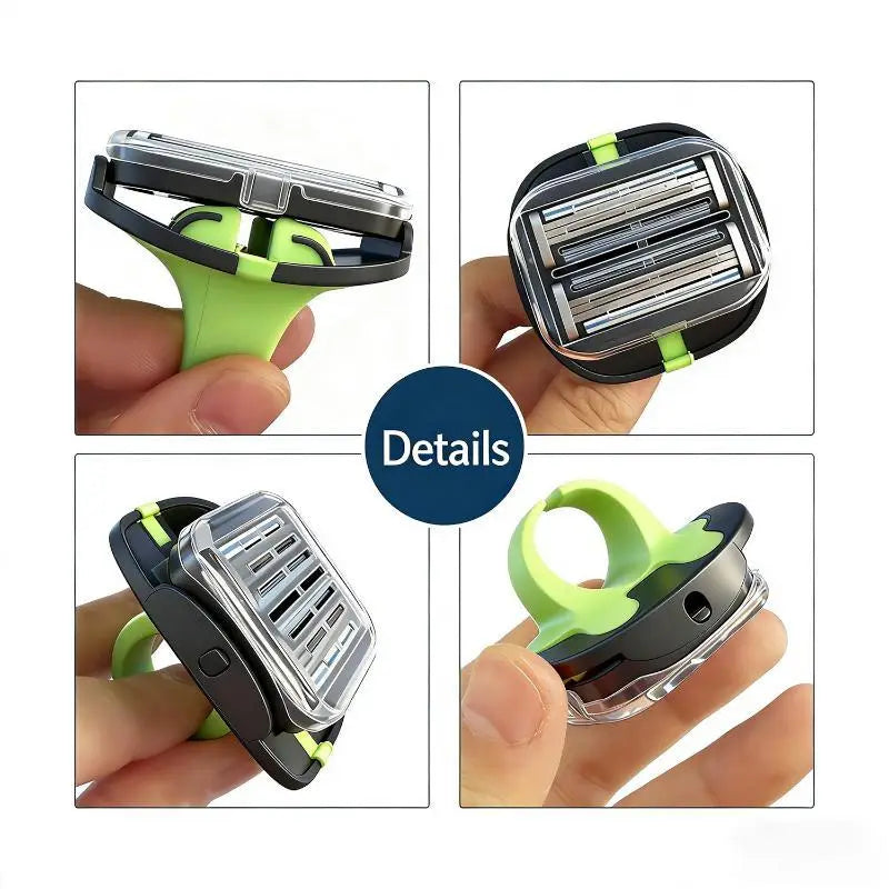 Afeitadora compacta para arreglo de la calva de color verde lima y negro, con correa para el dedo de TPU y mango tipo anillo para un agarre sencillo.