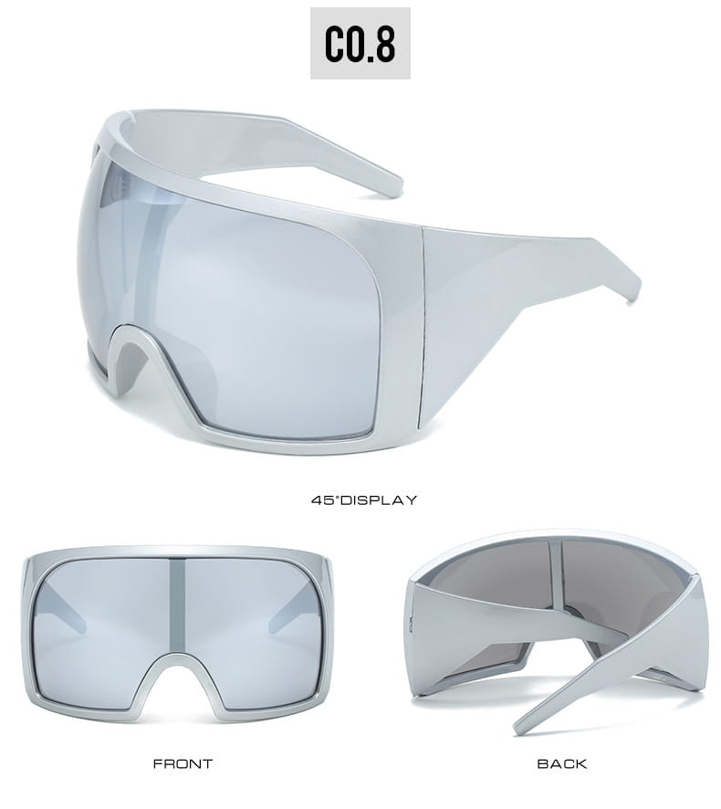 Futuristische Schild-Sonnenbrille für Herren UV400 in Schwarz mit einem eleganten Design und reflektierenden silbernen Gläsern von White Co.8.