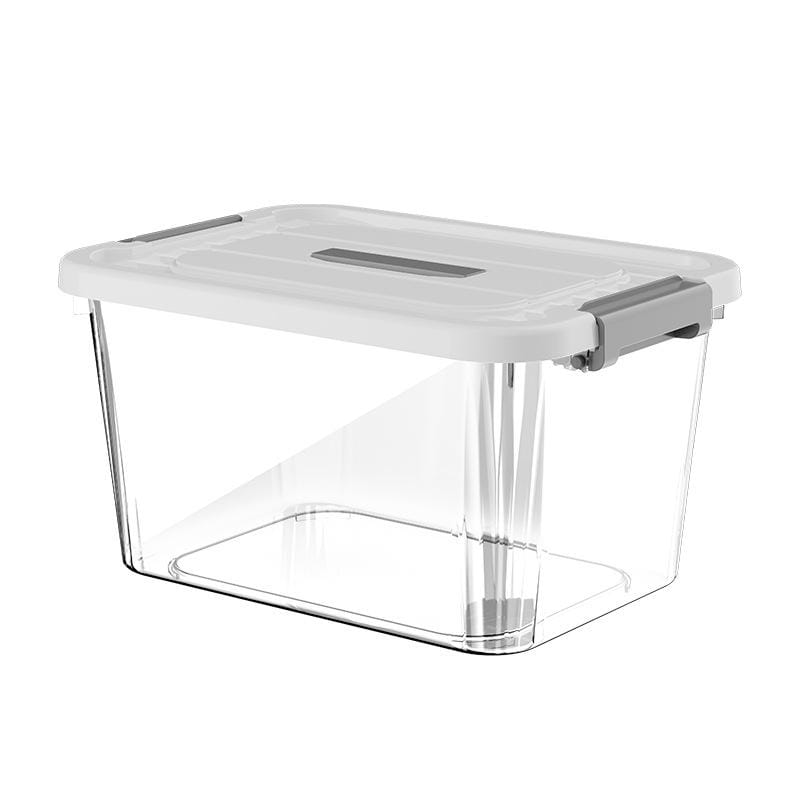 Boîte de rangement en plastique transparent avec couvercle blanc, loquets gris et poignée centrale, en grande taille environ, pour des besoins de rangement polyvalents.