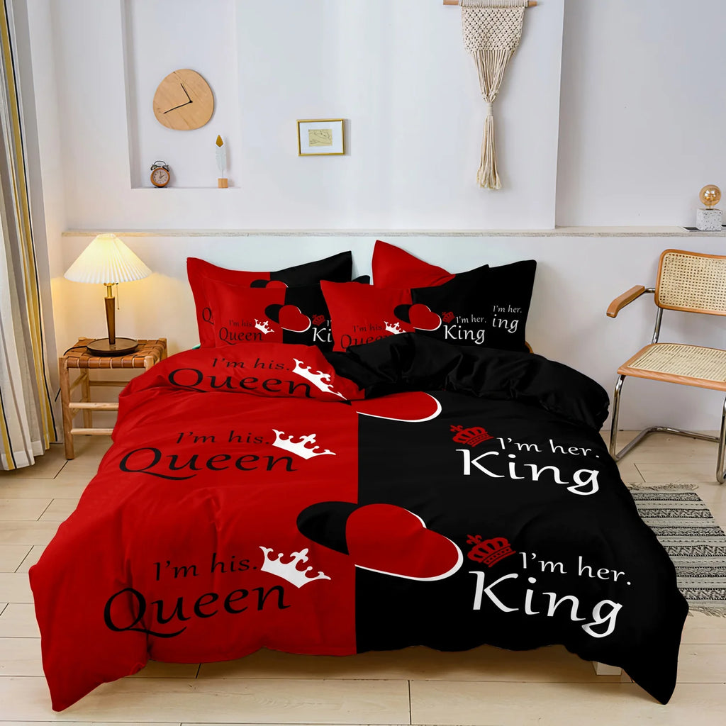 3pcs Red Black Duvet Cover Bedding Set With Queen & King Crown Featuring English Letters Design Print Perfect For Bedroom Hotel