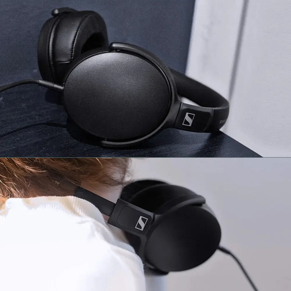 Black sennheiser hd400s wired over ear headphones with a sleek matte finish and the sennheiser logo on the headband.