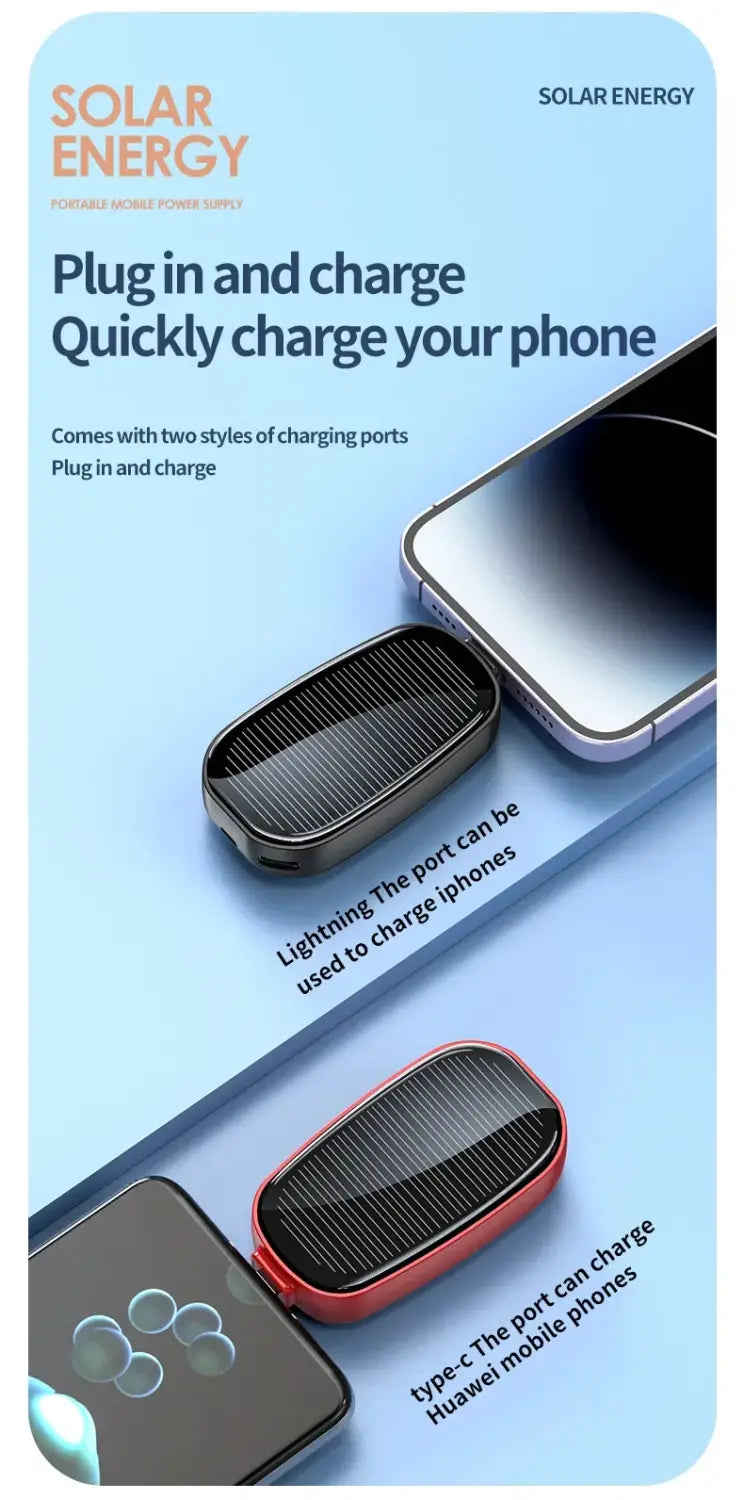 black and red solar power bank key ring portable charger 1200mah with lightning and type-c charging ports for on-the-go use