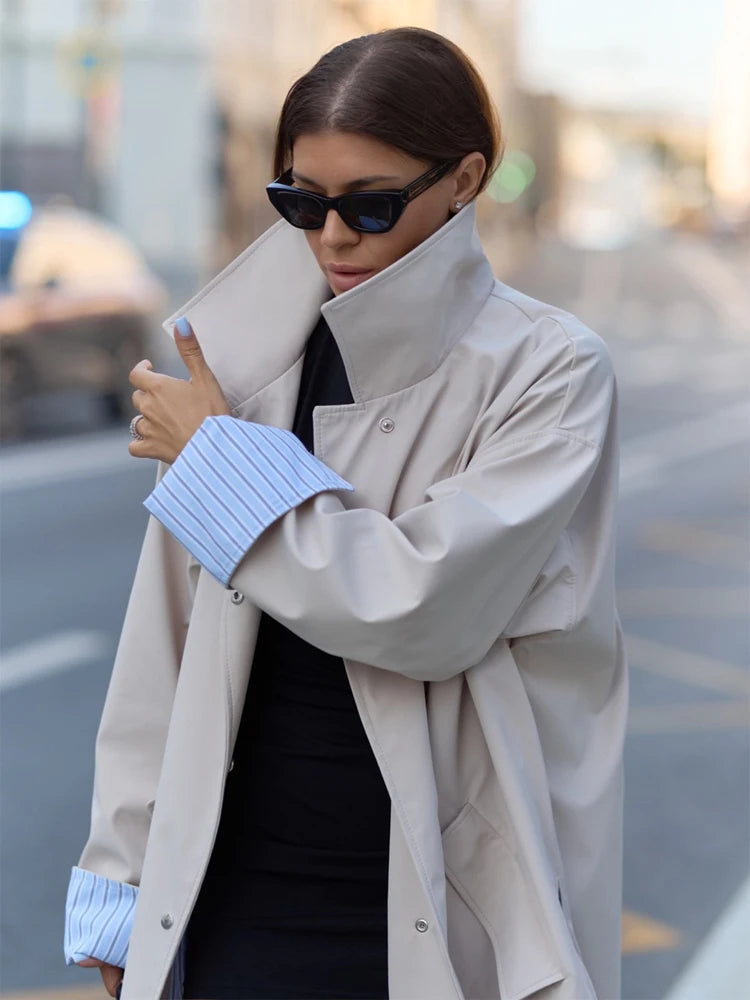 Women Long Trench Coat Elegant Lapel Single Breasted Striped Lining Side Slit Oversized Jacket Urban Commute Casual Outerwear